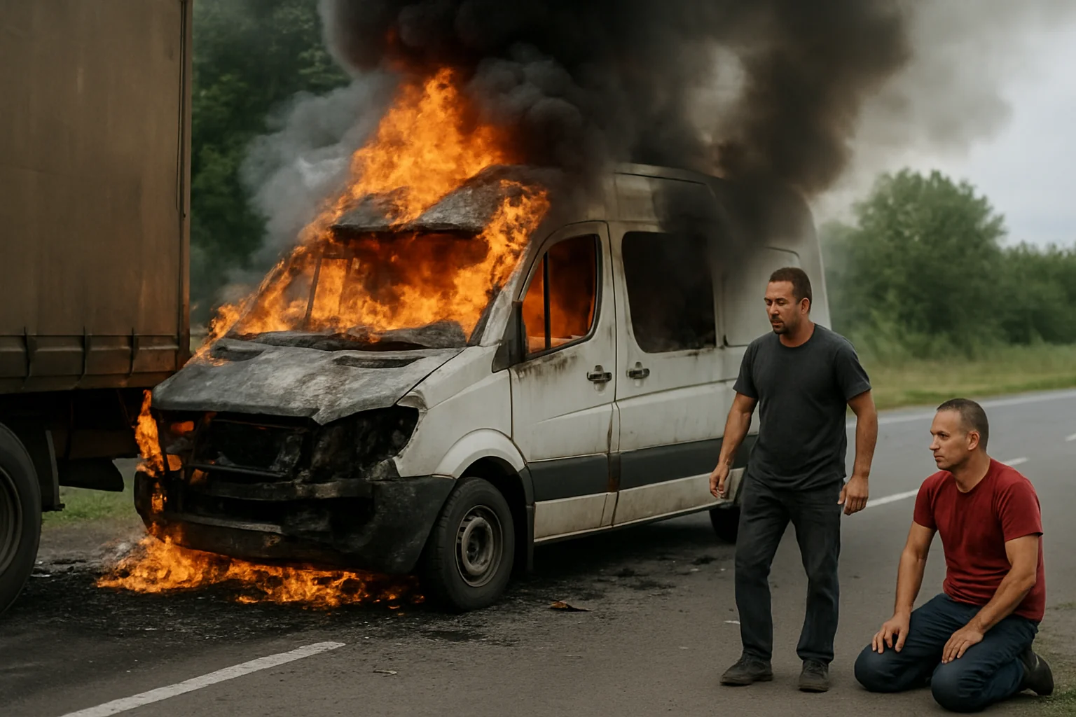 Accident grav la Galați: Doi suceveni răniți, microbuz incendiat