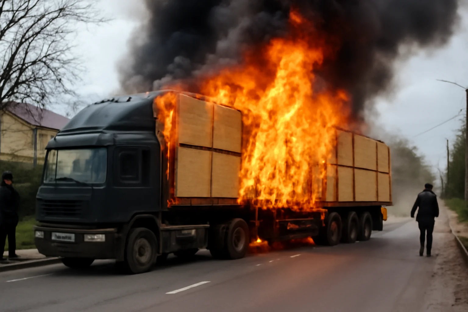 Autotren cu OSB cuprins de flăcări pe strada Traian Vuia din Suceava, incendiu stins înainte să afecteze încărcătura
