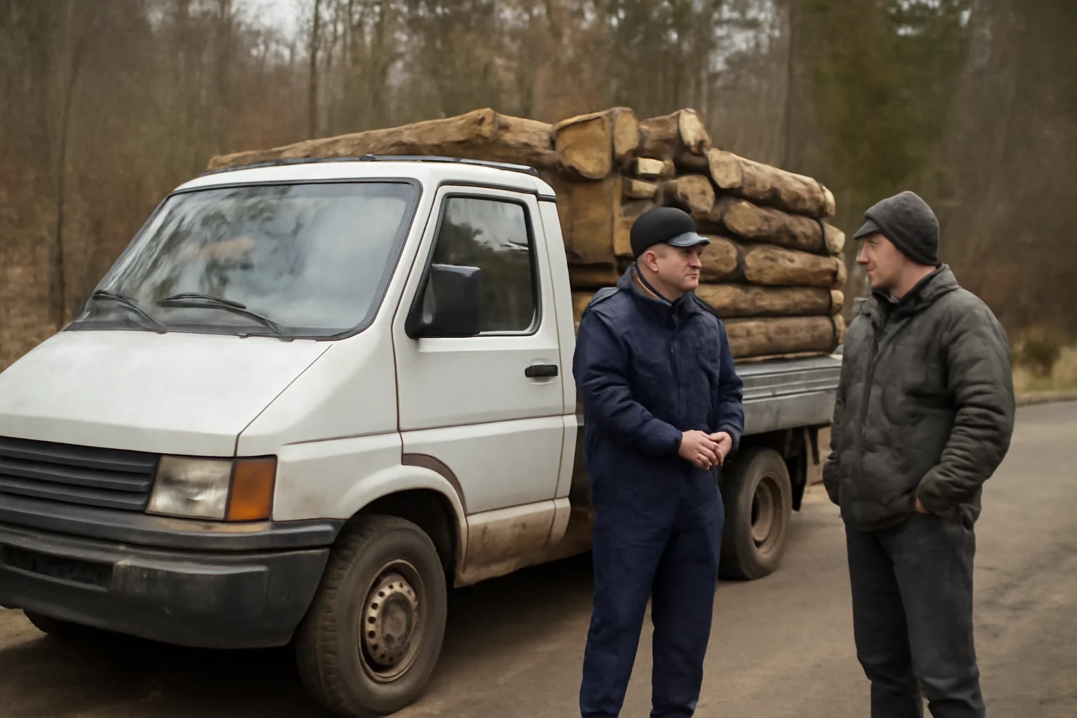 Autoutilitară cu lemn fără acte, confiscată la Suceava după un control în trafic