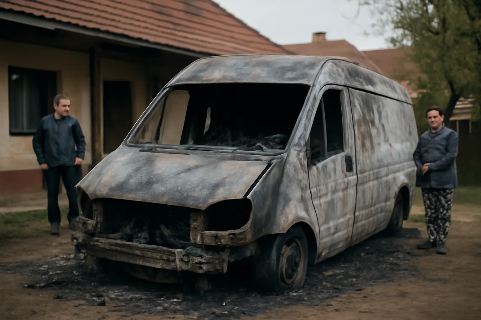 Autoutilitară cuprinsă de flăcări în curtea unei case din Marginea, lângă Suceava