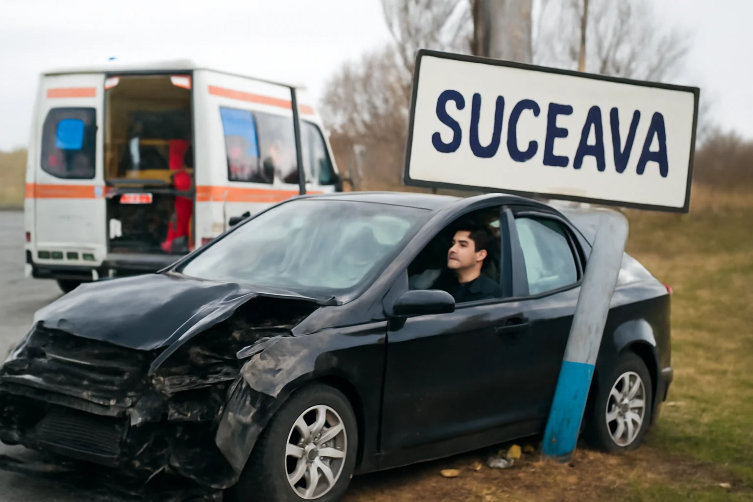 Bărbat de 31 de ani ajunge la spital după ce lovește cu autoturismul indicatorul de intrare în Suceava