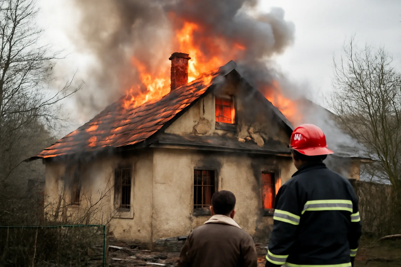 casă mistuită de incendiu provocat de un coș de fum deteriorat