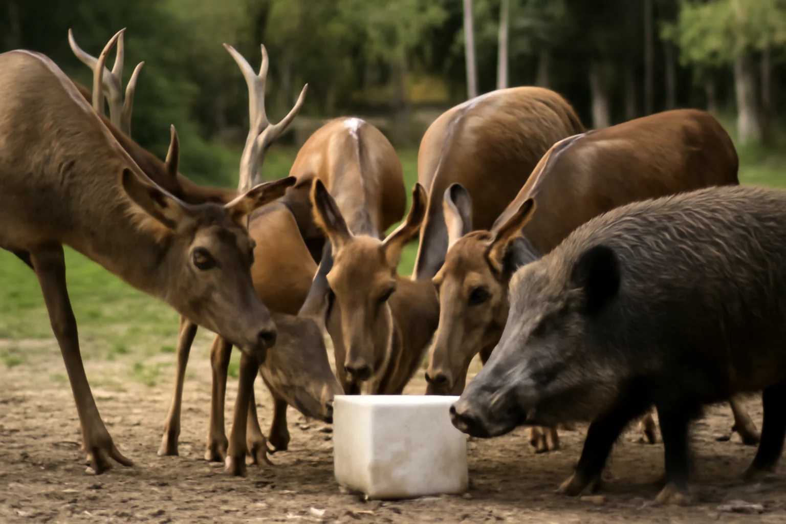 Cerbi, ciute și mistreți surprinși mâncând sare în pădure (foto)