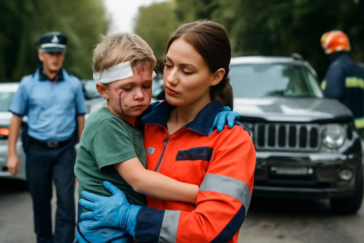 Copil rănit după coliziunea jeep-ului condus de tatăl său cu o mașină oprită pentru viraj