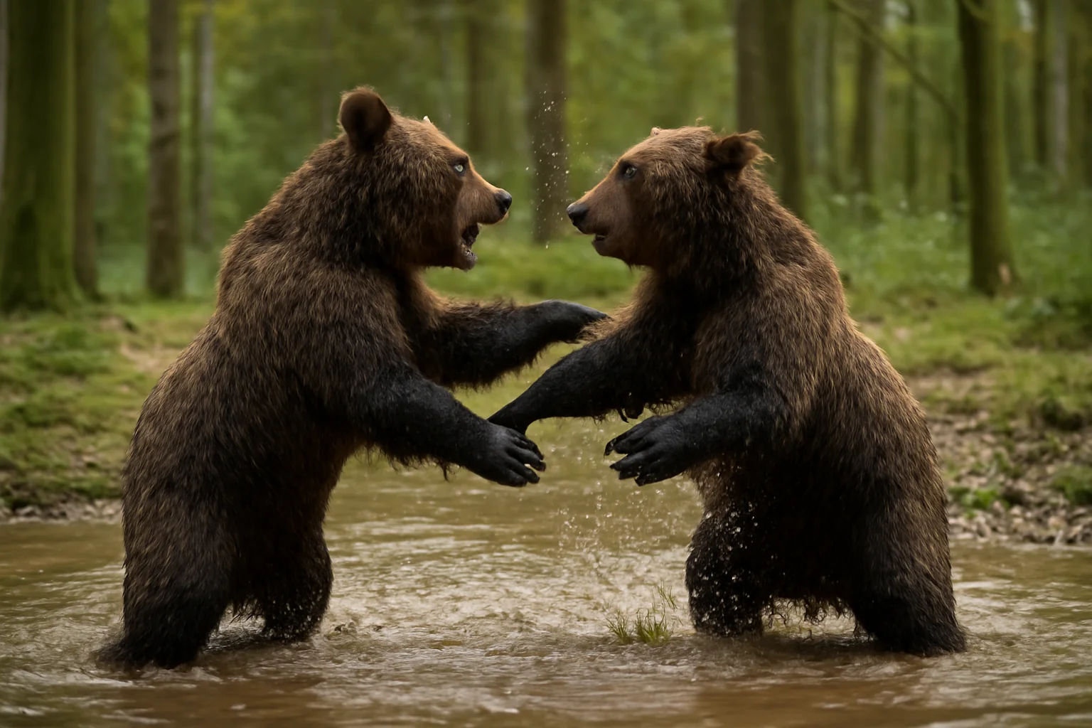 Doi urși se luptă în baltă în pădure (foto)