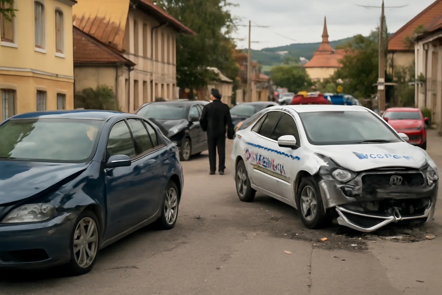 Furt de mașină la Câmpulung Moldovenesc, urmărire în trafic și mai multe vehicule de poliție și civile avariate
