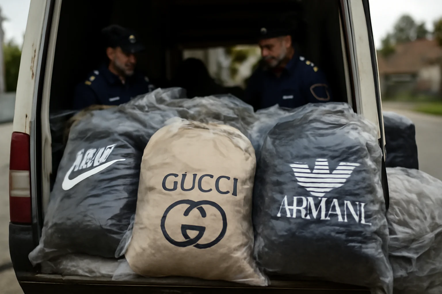 Haine contrafăcute Nike, Gucci și Armani de 10.000 de dolari, găsite de polițiști în 11 saci într-o autoutilitară oprită la Rădăuți