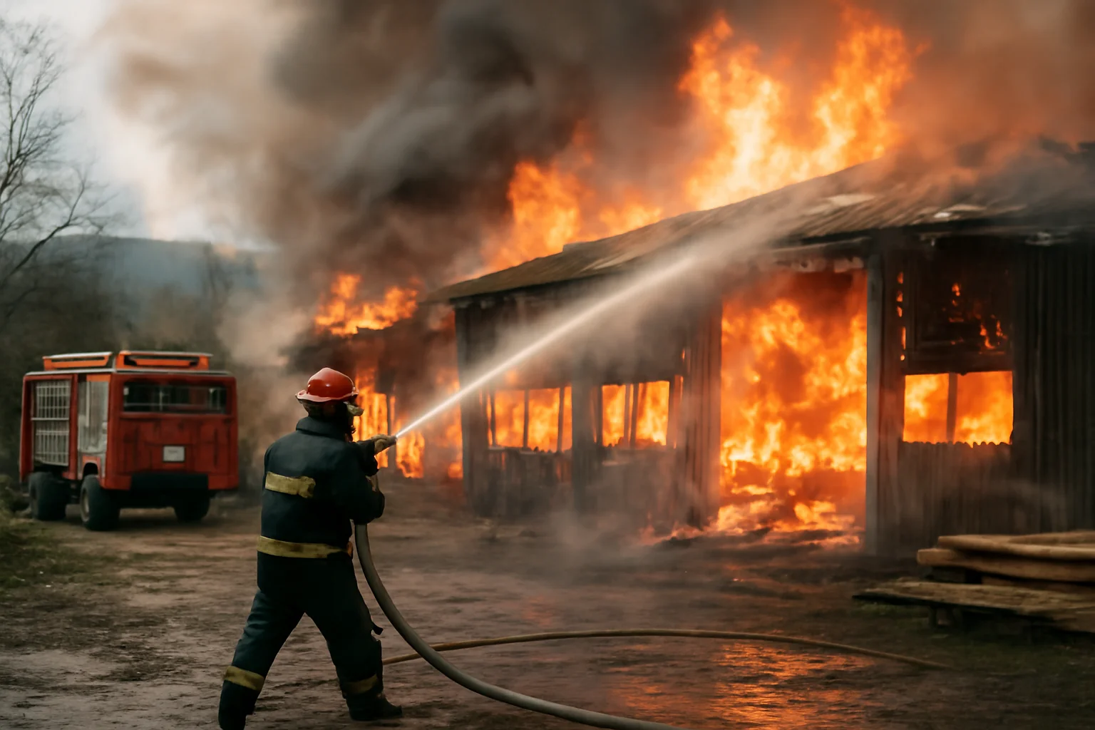 Hală de prelucrare a lemnului afectată de incendiu în comuna Dorna Arini, județul Suceava