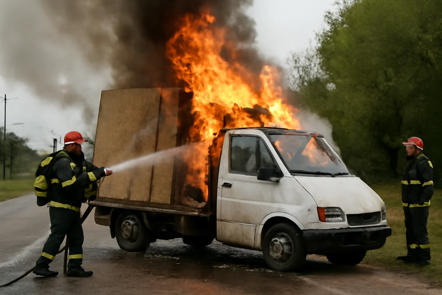 Incendiu la o autoutilitară cu plăci PAL pe drumul Milișăuți–Iaslovăț, în județul Suceava