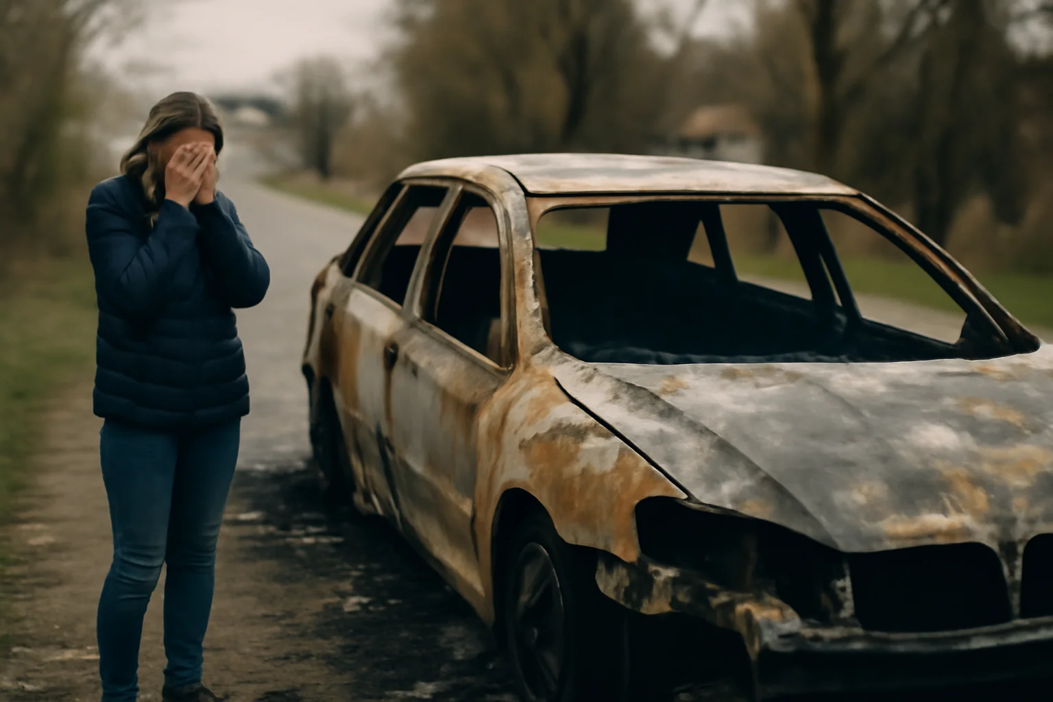 Mașină complet distrusă de incendiu la Dumbrăveni, șoferița privindu-și vehiculul în lacrimi