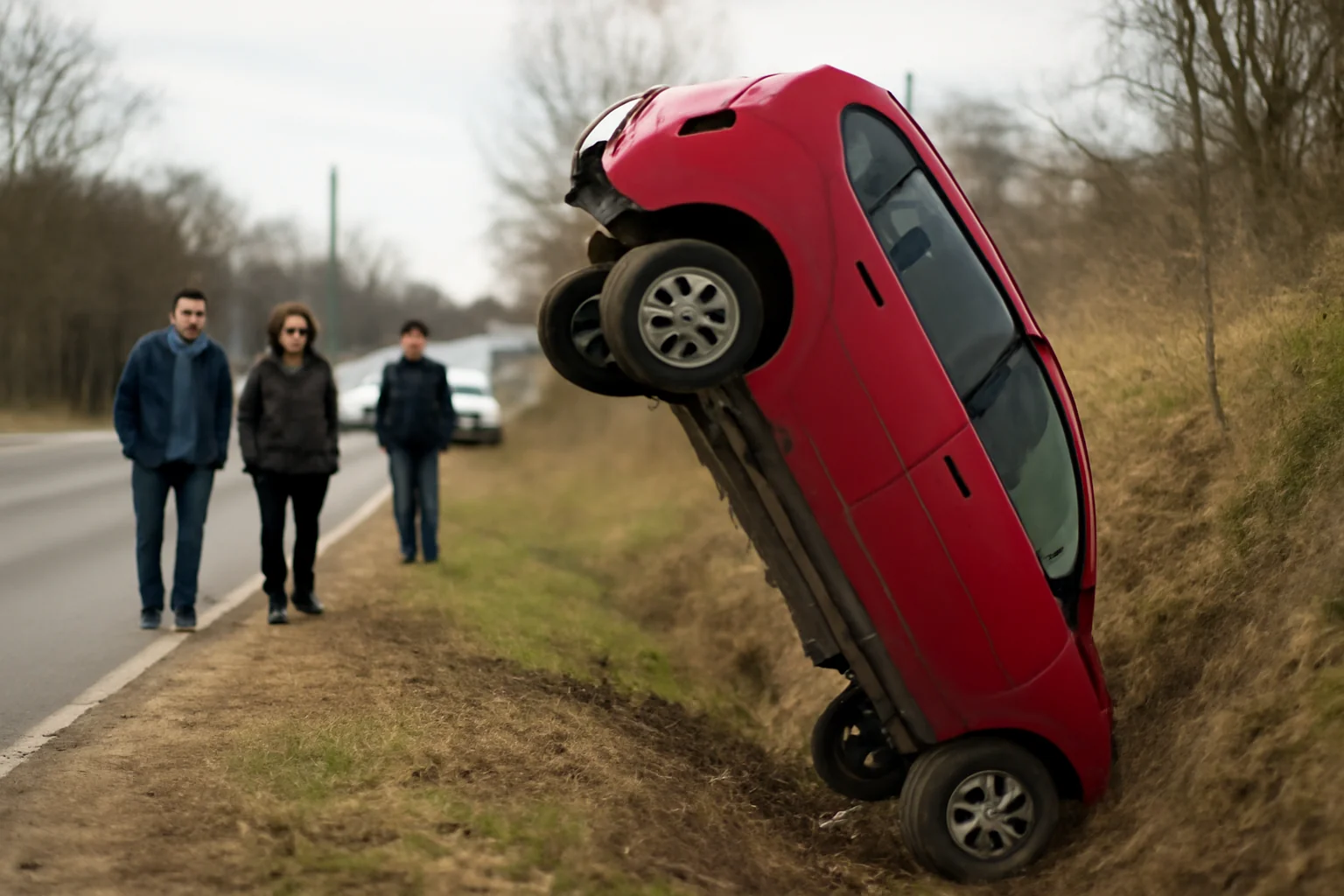Mașină proiectată pe verticală după părăsirea carosabilului la Ipotești, lângă Suceava