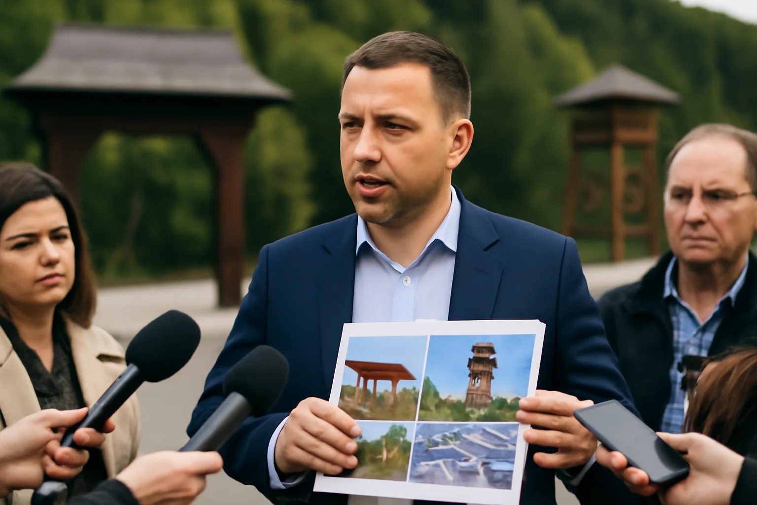 poartă tradițională, turn belvedere și parcare modernă (FOTO, VIDEO)