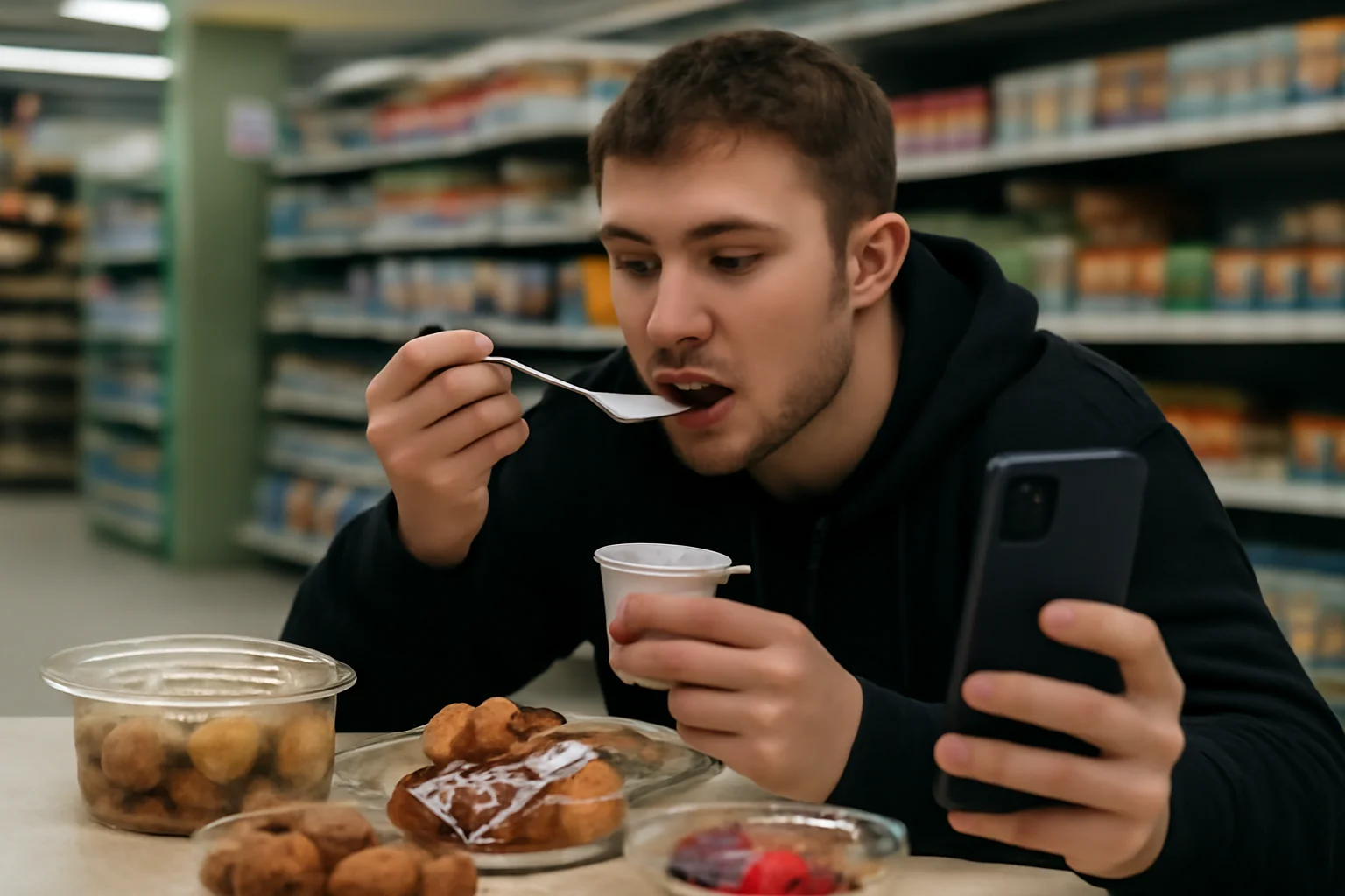 Tânăr de 20 de ani din Suceava surprins în direct pe TikTok mâncând fără plată iaurt, gogoși, bomboane și chiftele într-un supermarket