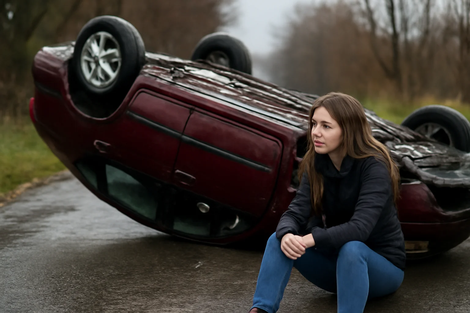 Tânără șoferiță de 28 de ani se răstoarnă după ce a derapat pe șoseaua umedă din cauza vitezei